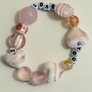 Customizable Pink and White Beaded Bracelet with Heart Charms